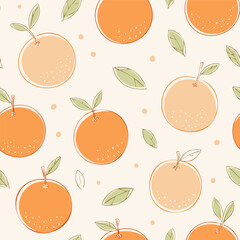 Seamless pattern with fresh oranges and green leaves on a light background. Cute, bright and fruity design perfect for textiles, packaging, wallpapers, and summer decor