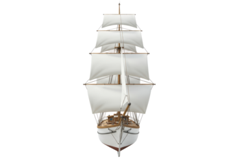 Isolated tall ship sailing vessel with white sails viewed from the front at anchor, clean