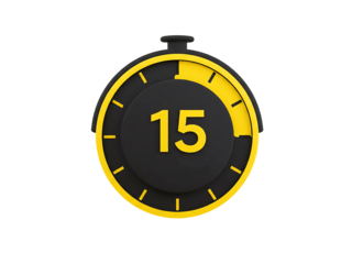 Yellow and black stopwatch showing 15 minute isolated on transparent background