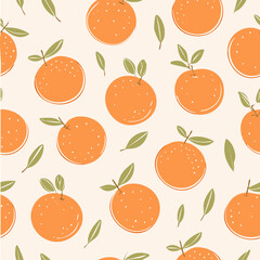 Seamless pattern with fresh oranges and green leaves on a light background. Cute, bright and fruity design perfect for textiles, packaging, wallpapers, and summer decor
