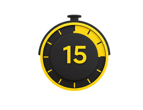 Yellow and black stopwatch showing 15 minute isolated on transparent background