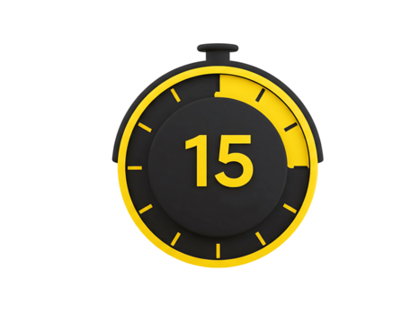 Yellow and black stopwatch showing 15 minute isolated on transparent background