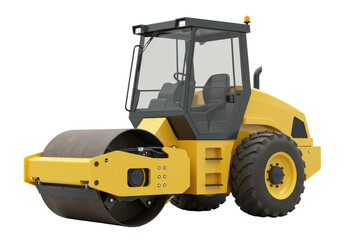 Isolated yellow road roller, heavy construction equipment for asphalt paving or compaction
