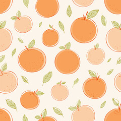 Seamless pattern with fresh oranges and green leaves on a light background. Cute, bright and fruity design perfect for textiles, packaging, wallpapers, and summer decor