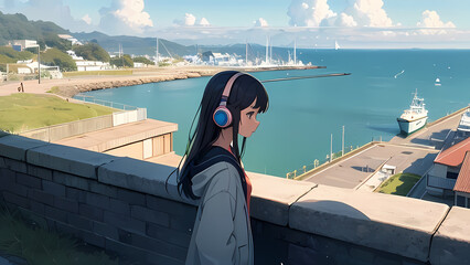 Anime Girl with Headphones by the Ocean