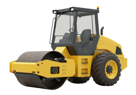 Isolated yellow road roller, heavy construction equipment for asphalt paving or compaction