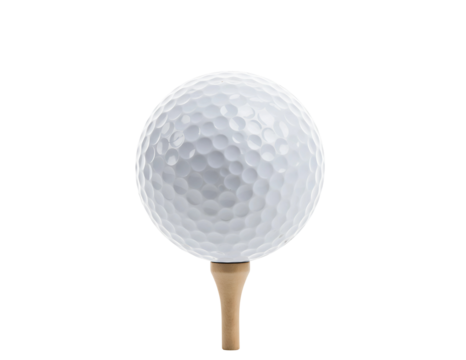 Close up of a white golf ball on a wooden tee isolated on transparent background
