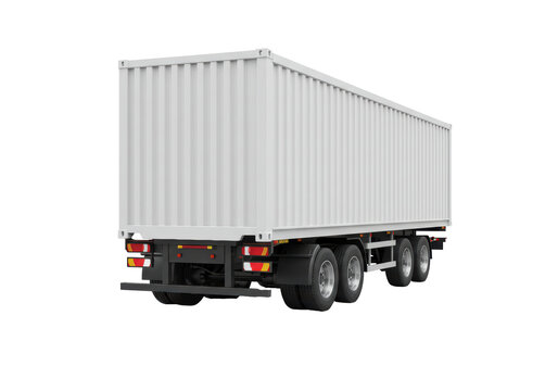 Isolated semi trailer back view showing container mounted to chassis ready for transport