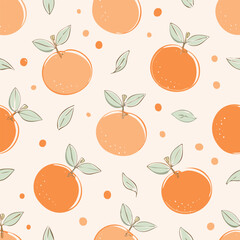 Seamless pattern with fresh oranges and green leaves on a light background. Cute, bright and fruity design perfect for textiles, packaging, wallpapers, and summer decor