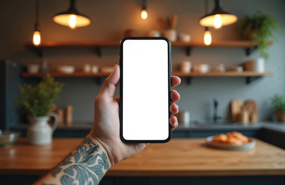 Hand with tattoo holding smartphone with blank screen in cozy kitchen. App design concept, digital mockup template for creative presentation, user interface development, technology showcase.