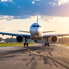 Obraz premium Airplane on runway at sunset