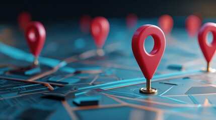 Close-up view of a detailed digital map with multiple red location pins marking points of interest on a blue technological background