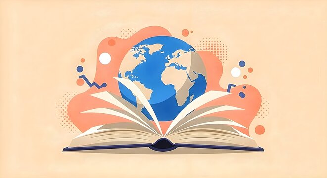 Global Knowledge Concept: Open Book, Earth, and Abstract Elements