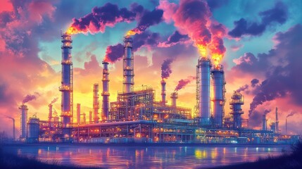 Obraz premium Industrial plant at sunset over water; pollution; potential use in environmental awareness campaigns