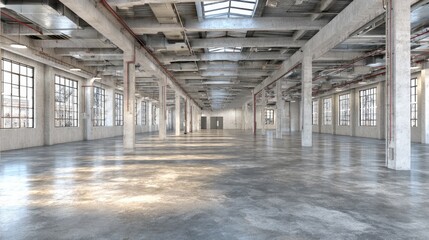 Fototapeta premium Empty industrial space, concrete floor, tall columns, large windows