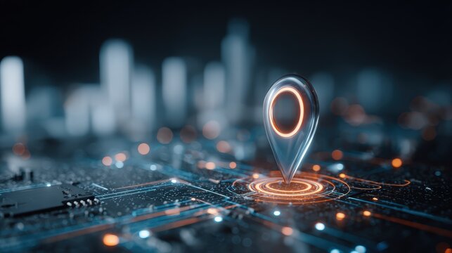Futuristic digital map with a glowing location pin illuminated on a virtual cityscape technology network background