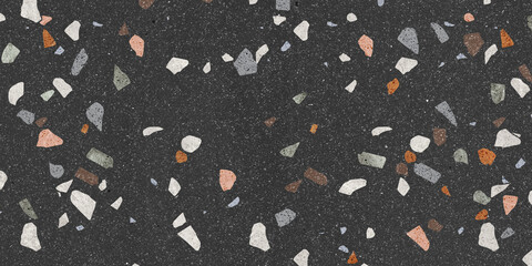 Black terrazo texture. Colorful mosaic stones, granite background