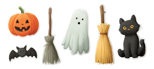 Halloween Icons Set with Pumpkin, Ghost, and Cat