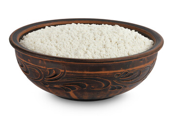 White flour in ceramic bowl isolated on white background