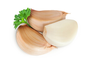 garlic cloves isolated on white background close up. Top view. Flat lay.
