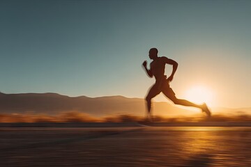Silhouette runner sprints at sunrise