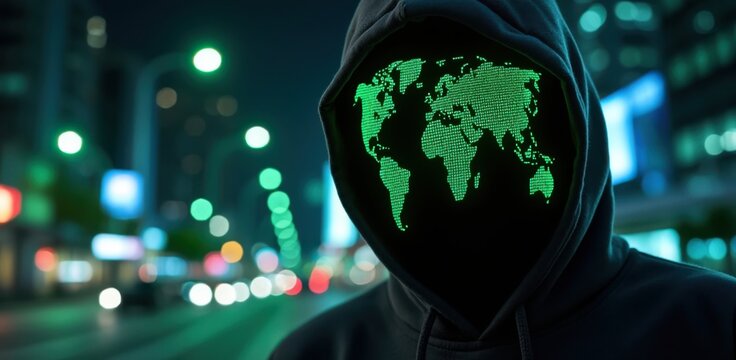 Hooded figure with glowing world map on face in neon cityscape - Powered by Adobe