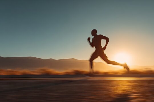 Silhouette runner sprints at sunrise