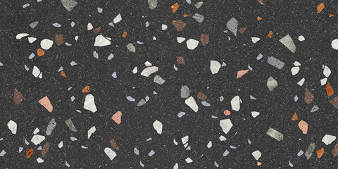 Black terrazo texture. Colorful mosaic stones, granite background