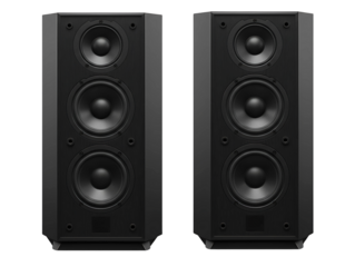 Pair of tall black tower speakers isolated on transparent background