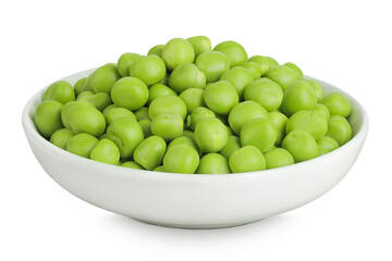 Fresh green peas in ceramic bowl isolated on white background