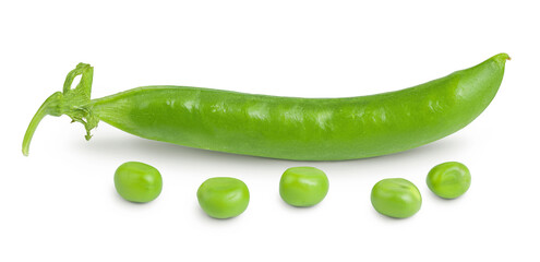 Fresh green pea pod with beans isolated on white background