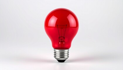 Single red incandescent light bulb with visible filament — upright against plain white background