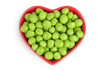 Fresh green peas in ceramic bowl isolated on white background. Top view. Flat lay