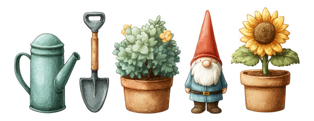 Colorful Garden Elements with Gnome and Tools Isolated