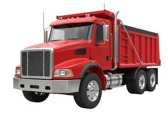 Isolated red semi dump truck on neutral background, large cargo, construction vehicle