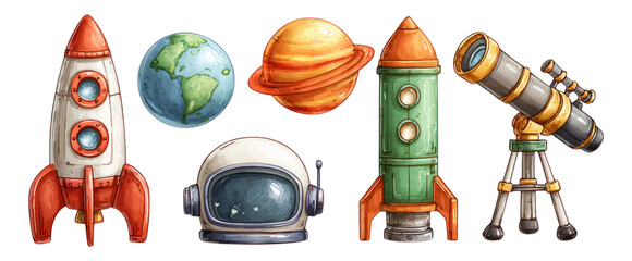 Colorful Space Objects on Transparent Background