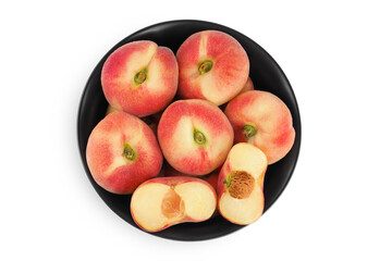 chinese flat donut peaches in ceramic bowl isolated on white background. Top view. Flat lay