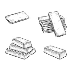 gold bar ingots vector line art hand drawn illustration set collection