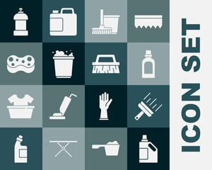 Set Bottle for cleaning agent, Rubber cleaner windows, Mop and bucket, Bucket with foam, Sponge, and Brush icon. Vector