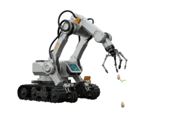 Isolated agricultural robot holds seeds for smart farming; farming automation concept