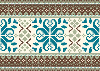 Abstract ethnic pixel art fabric pattern, green tones, vintage, pixelated for textile, clothes, curtains, carpets, pillows, vector, background and illustration.
