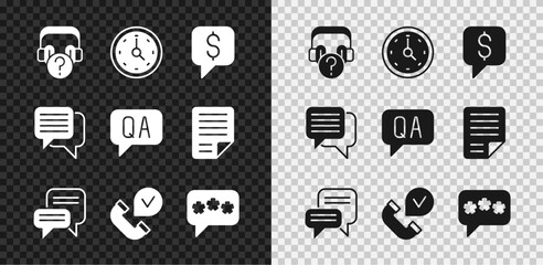 Set Headphones with question, Clock, Paid support, Speech bubble chat, Telephone handset, and Question Answer icon. Vector