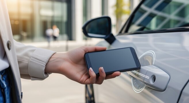 driver's hand uses a smartphone for keyless entry, sending a wireless signal to unlock a shared car from a rental service.