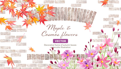 レンガ壁と窓を背景にした、紅葉とコスモスフラワーとワレモコウの水彩イラスト。秋のナチュラルなフレームデザイン。（ベクター。レイアウト変更可能）