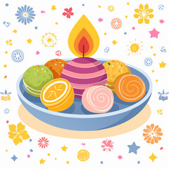 A colorful illustration of a candle surrounded by various sweets and fruits on a blue plate, with decorative floral elements scattered around.