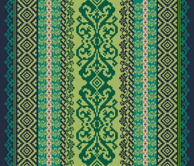 Abstract ethnic pixel art fabric pattern, green tones, vintage, pixelated for textile, clothes, curtains, carpets, pillows, vector, background and illustration.