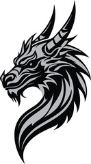 Tribal dragon head tattoo logo in black and gray
Fierce horned dragon head vector emblem illustration
Mythic dragon profile mascot logo monochrome vector