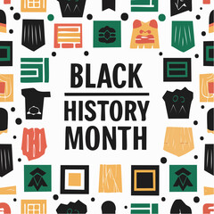 A vibrant graphic celebrating Black History Month with symbolic shapes and bold text.
