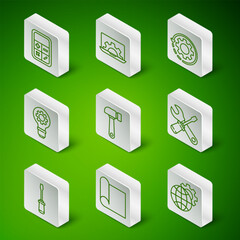 Set line Globe of the Earth and gear, Graphing paper for engineering, Calculator, Hammer, Light bulb, Laptop, Screwdriver and wrench spanner icon. Vector