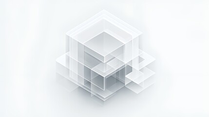 Obraz premium Minimalist Abstract Composition (White & Light Gray Tones): Central Transparent/Semi-Transparent Rectangles/Squares, Layered Interlocking in 3D Isometric View